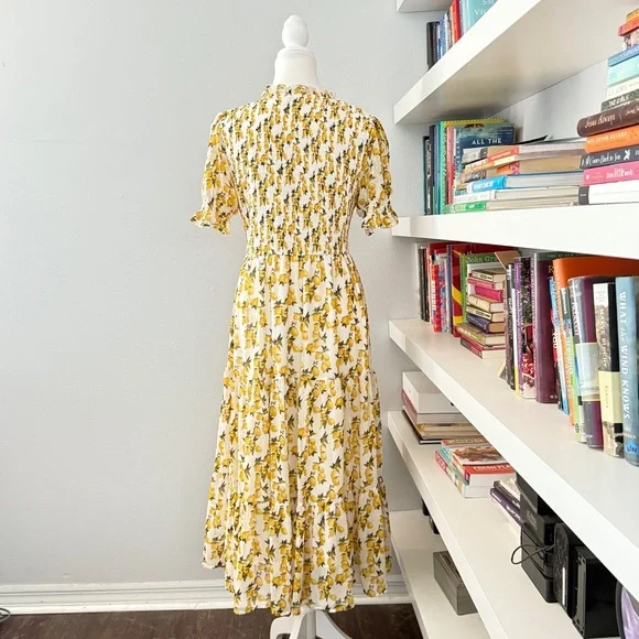 IVY CITY CO Lemon Drop Layered Smocked Maxi Dress puff sleeve Lemon Print Large - Picture 6 of 12